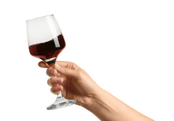 Woman with glass of wine isolated on white, closeup