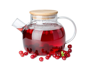 Tasty hot cranberry tea in teapot and fresh berries isolated on white