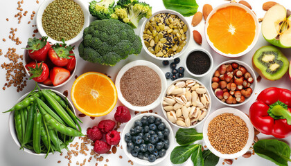A variety of fresh, organic foods ideal for a healthy diet and weight loss, including nuts, fruits,...