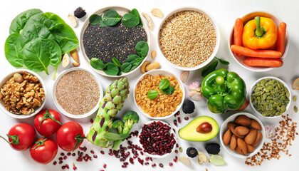 A variety of fresh, organic foods ideal for a healthy diet and weight loss, including nuts, fruits,...