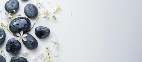 Spa concept with smooth black stones and delicate white flowers arranged on a white background.