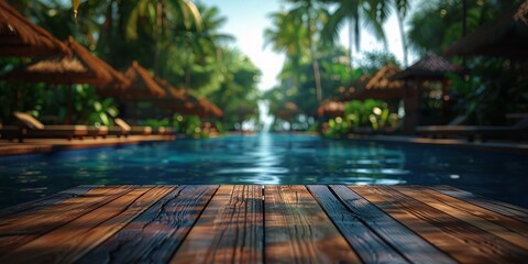 Tranquil resort pool surrounded by natural greenery under a sunny sky - obrazy, fototapety, plakaty