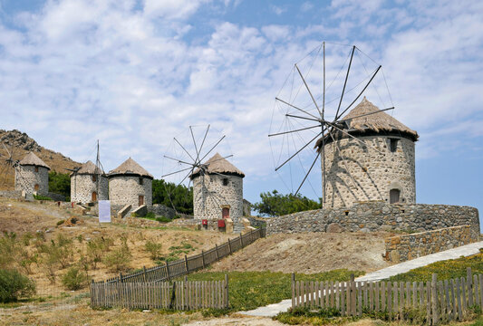stone windmills in Kontias, Limnos Island, Greece