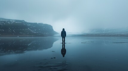A solitary person stands in reflection, facing the immense, fog-covered Arctic expanse with a mirrored water surface.