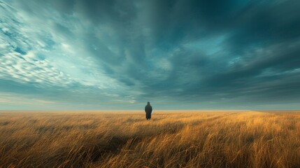 A lone person stands contemplative in an expansive golden field, dwarfed by the immense blue sky above. - obrazy, fototapety, plakaty