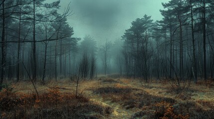 A tranquil path winds through a dense forest shrouded in mist, with early morning light filtering...