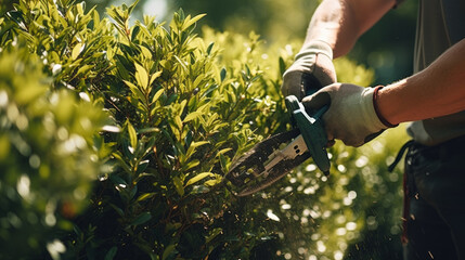 A man is cutting bushes with a pair of shears