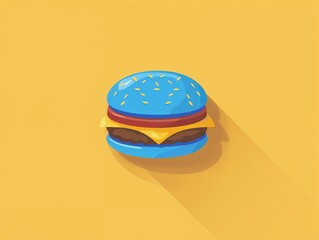 blue pill with burger bun on yellow background, in the style of flat design, simple shapes, minimalist style, 