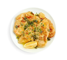 Delicious chicken piccata with herbs isolated on white, top view