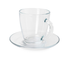 One clean glass cup and saucer isolated on white