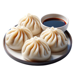 Obraz na płótnie Canvas Four dumplings with sauce on a white plate, healthy food, 3D style and isolated on a transparent background.