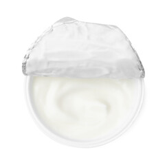 Delicious natural yogurt in plastic cup isolated on white, top view