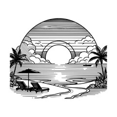 Vector image of a summer sunset tropical beach with palm trees and waves in the background, hand-drawn during sunrise and sunset. Nature scene, children coloring pages of the beach