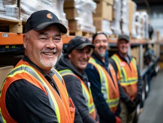 Men in highvisibility workwear and hard hats posing in warehouse for picture