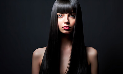 Fototapeta premium A woman with long black hair and a red lipstick