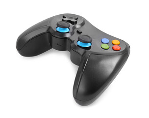 Black wireless controller on white background. Video game device © New Africa