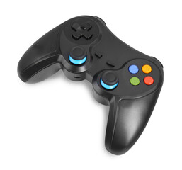 Black wireless controller on white background. Video game device