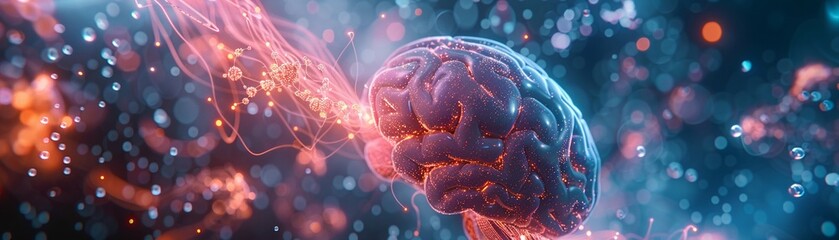 Capture the essence of consciousness through a unique graphic design featuring a top-down perspective of a brain with quantum particles interacting Incorporate a sense of movement and depth