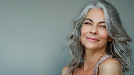 A beautiful, stylish middle-aged woman with gray hair and healthy skin smiles in a good mood.