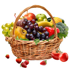 Assortment of exotic fruits in basket, Basket of seasonal fruits, oranges, pineapple, mango, peach, banana, grapes isolated on a Transparent Background. Generative AI