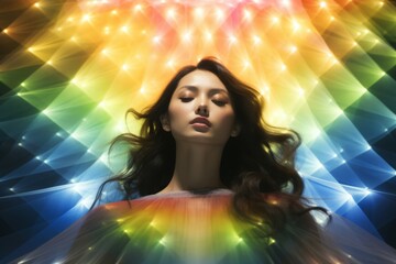 beautiful woman in holy dress costume under the shining of the cosmo and aura luminous rainbow ray light.