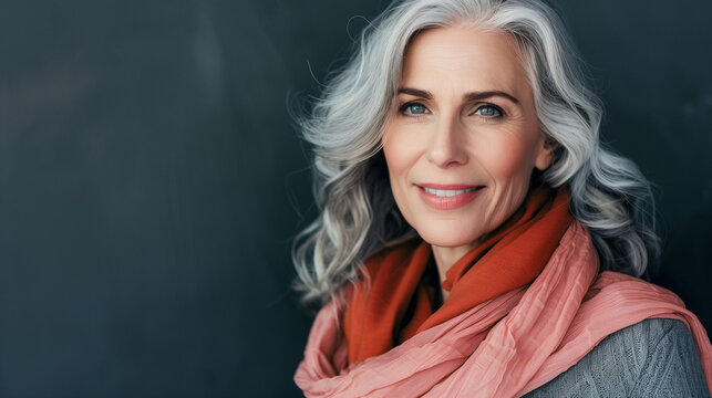 A beautiful, stylish middle-aged woman with gray hair and healthy skin smiles in a good mood.