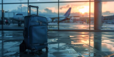 Lone blue suitcase and backpack waiting at airport with runway view