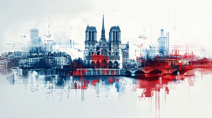 Notre Dame Cathedral in france, Paris France. double exposure contemporary style minimalist artwork collage illustration. Ai generative.	