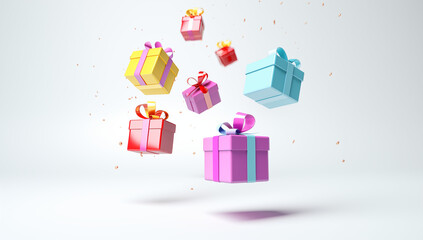 Group of gifts from multi-colored boxes with ribbons bright gifts with bows isolated on white background