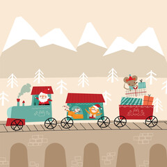Cartoon drawing of a train with a gift box. Christmas. New Year.Vector illustration for Advent calendar or card.