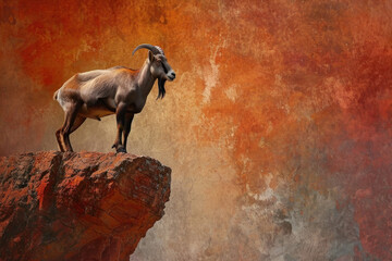 Majestic goat standing on rocky outcrop against vibrant orange and red background in the wilderness