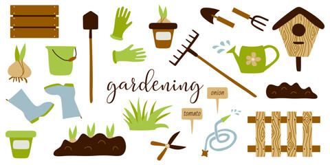 Gardening Set Tools. Vector Flat Collection of Spring Garden Equipment and Plants. Rake, Spade, Flowerpot, Rubber Boots and Gloves, Flower Bulbs. Design Graphic Art, Seasonal Illustration, Housekeep.