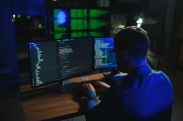 Night Office: Young Handsome Man in Working on Desktop Computer. Digital Entrepreneur Typing Code