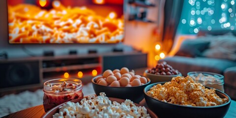 Home game day ambiance with cozy snacks and live football match on screen - obrazy, fototapety, plakaty