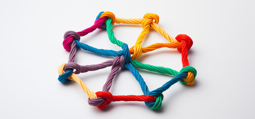Diversity Colorful Ropes Tied Together in Central Knot, Colorful ropes tied together on white background.	
