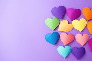 Rainbow-colored paper hearts scattered on a purple background, symbolizing diversity. Multicolored Hearts on Purple Surface