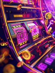 3d ilustration, realistic, centered view, slot machine, 3 slots, in a cassino, glitter purple and gold colour