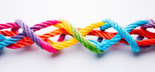 Diversity Colorful Ropes Tied Together in Central Knot, Colorful ropes tied together on white background.	
