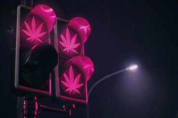 pink cannabis leaf signal lights , black background, isolated image of traffic signal with all