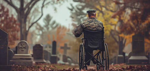 Rear View of American War Veteran in Wheelchair at Cemetery - obrazy, fototapety, plakaty