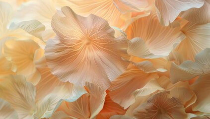 A closeup of delicate, translucent petals in shades of cream and beige, creating an ethereal background for wedding visuals Generative AI - obrazy, fototapety, plakaty