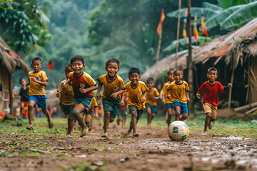 Vibrant scene of barefoot children playing soccer with pure joy, kicking up mud in a tropical village setting.