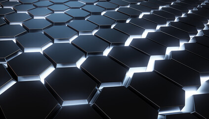 Fototapeta premium Abstract hexagonal geometric ultra-wide background wallpaper. Structure of lots of hexagons of carbon fiber with bright energy light breaking through the cracks wallpaper 