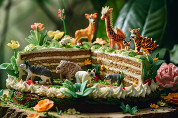 Fototapeta premium A jungle-themed celebration cake, richly decorated with edible animal figurines and tropical foliage, perfect for a themed party..
