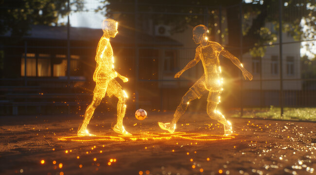 3d hologram of two holographic figures are playing football on the school playground