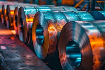  several stainless steel coils in a factory , vivid colors - obrazy, fototapety, plakaty