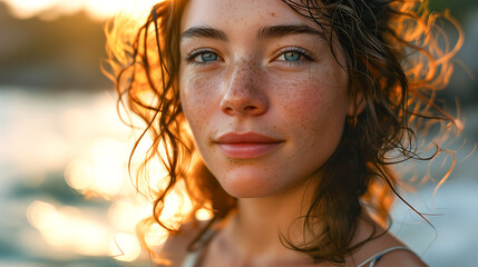 Close-up portrait of a young woman during golden hour. Serenity and natural beauty concept for design and print.