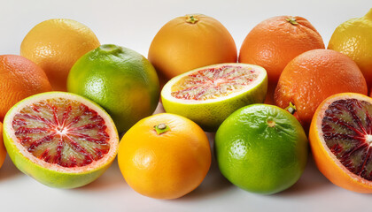 Vibrant assortment of fresh sliced citrus fruits. Different types, beautifully isolated against white background.