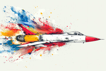 A vibrant illustration of sonic boom effects, with colorful sound waves radiating from a speeding jet, breaking the sound barrier - obrazy, fototapety, plakaty