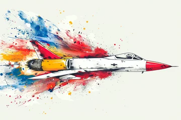 Foto auf Alu-Dibond A vibrant illustration of sonic boom effects, with colorful sound waves radiating from a speeding jet, breaking the sound barrier © weerasak